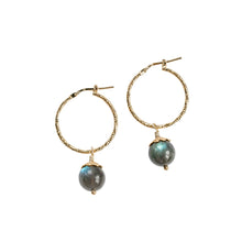 Load image into Gallery viewer, Sparkling creole labradorite earrings with detail is 18k gold plated sterling silver. Perfect for party and office outfit to keep the vibe high