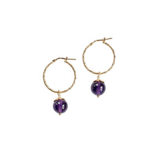 Load image into Gallery viewer, Sparkling creole amethyst gemstone earrings with detail is 18k gold plated sterling silver. Perfect for party and office outfit to keep the vibe high